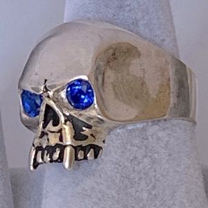 925 sterling silver biker skull ring blue cz stone